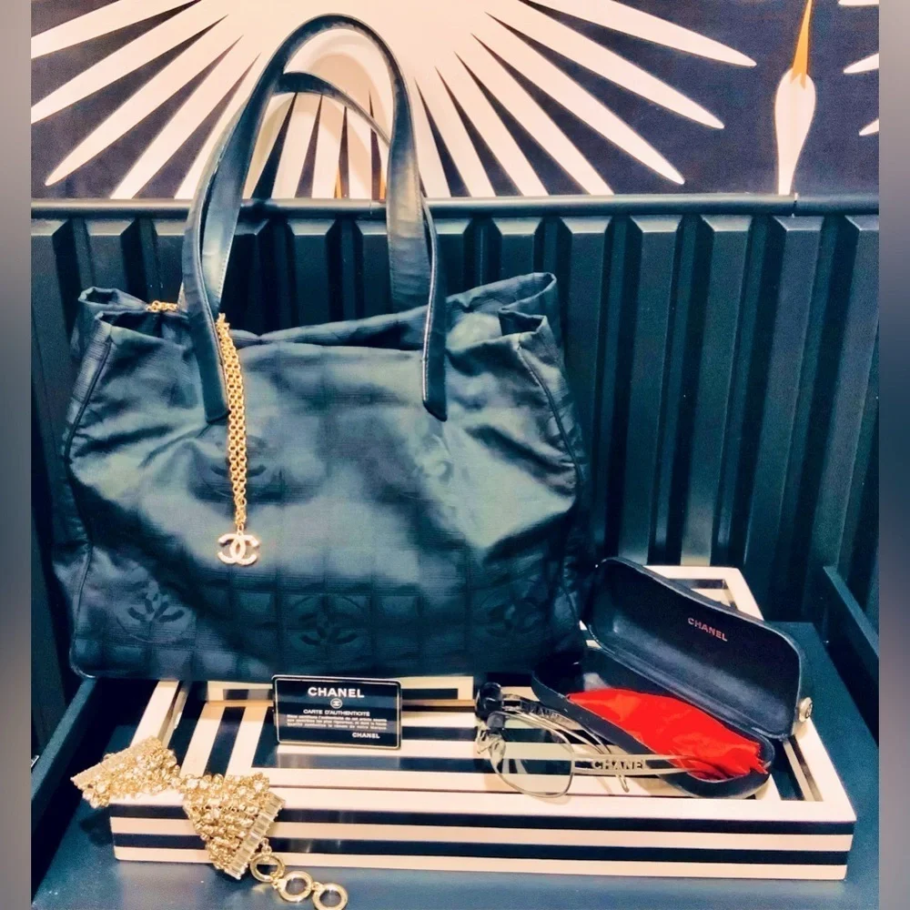 CHANEL Travel Line Tote MM Tote Bag Black Nylon JacquardLeather Women